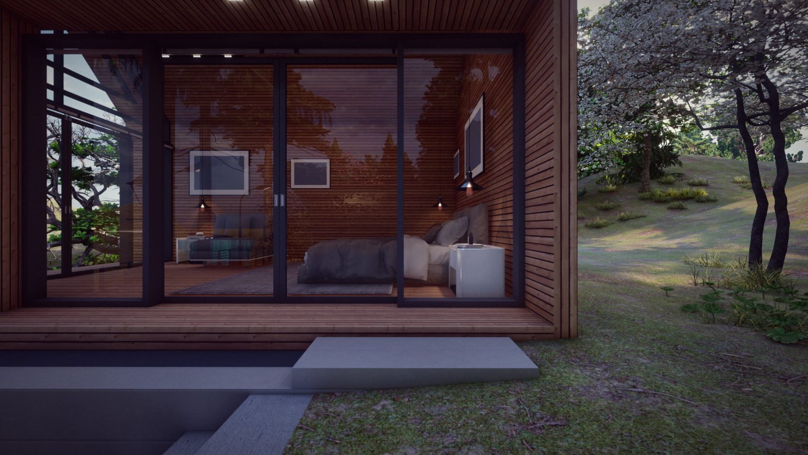 window frame design at wooden house architectural concepts 3d illustration